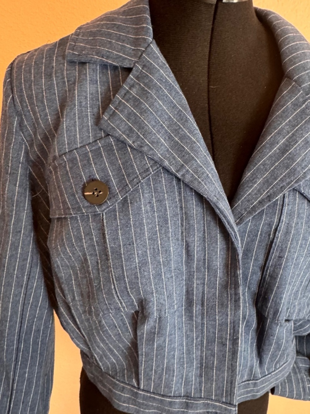 Nautical linen cotton blend Moon River Anthropologie blue stripe jacket Sm. - Picture 3 of 11